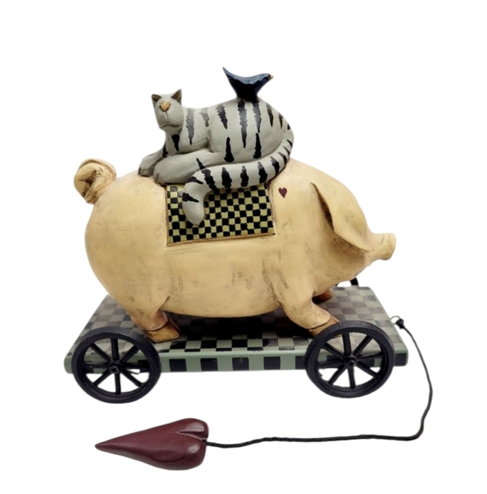 Vintage 1999 Williraye Studio Pig (Hog) Pull Cart With Cat & Bird WW1428